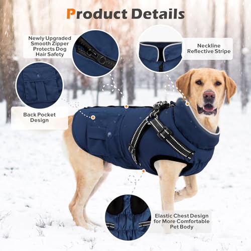 Navy Reflective Dog Jacket with Waterproof Zipper and Fleece Harness