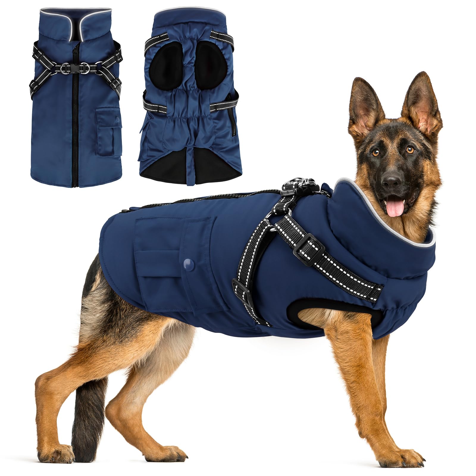 Navy Reflective Dog Jacket with Waterproof Zipper and Fleece Harness