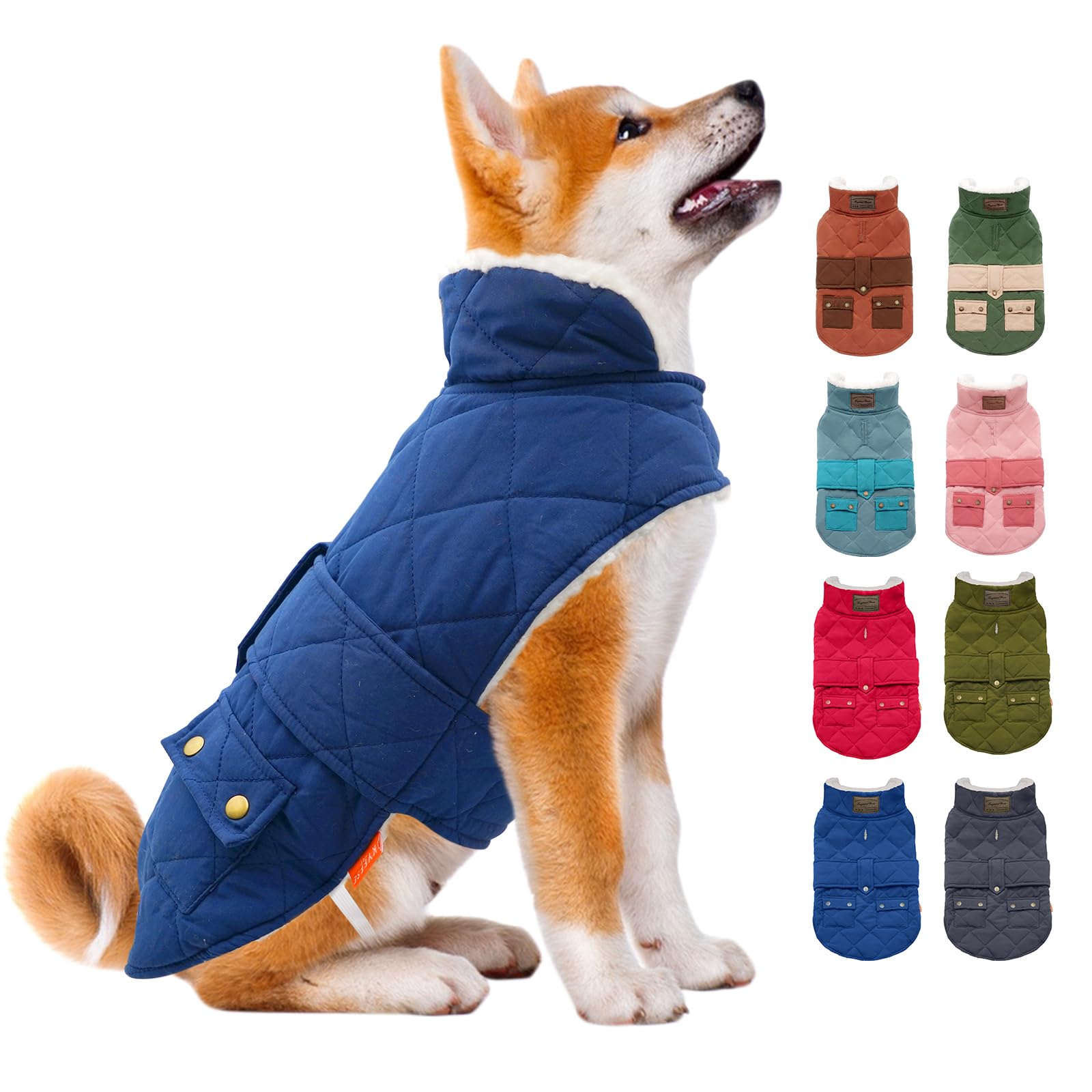 Winter Dog Coat for Small Dogs with Sherpa Lining - Blue, Medium Size
